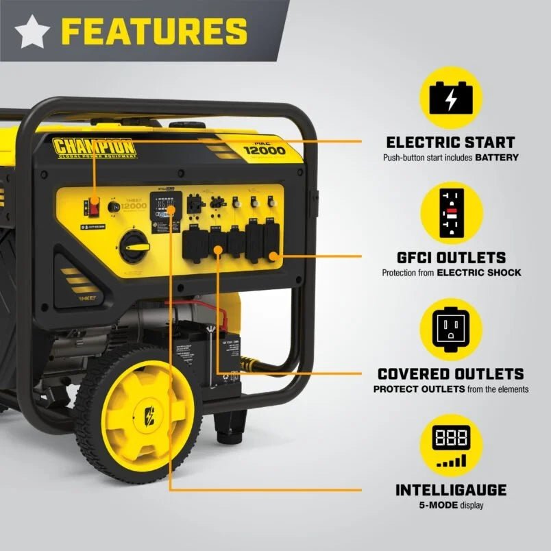 Champion Power Equipment 12,000-Watt Electric Start Dual Fuel Homes Backup Portable Generator with CO Shields - Prioka
