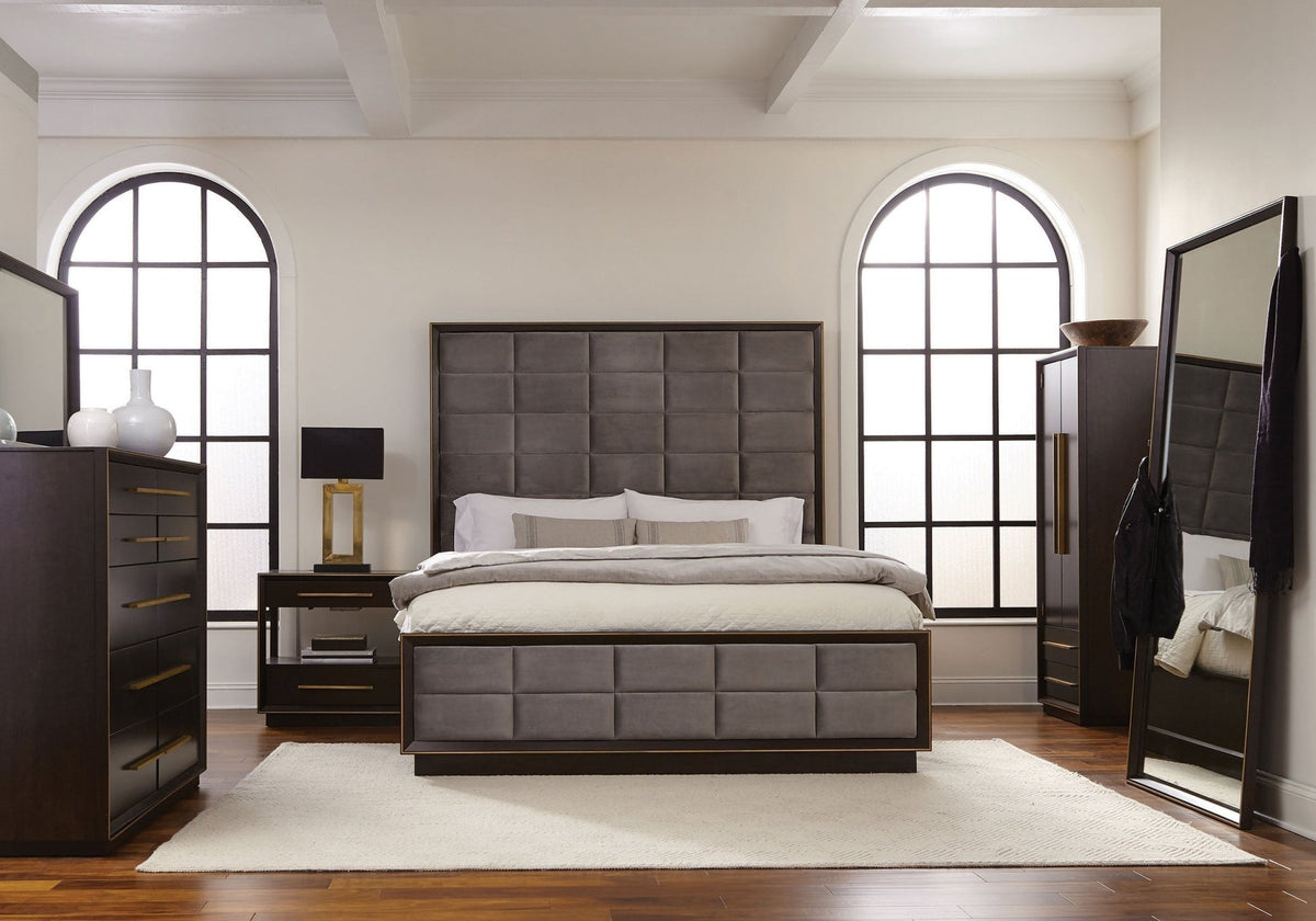 Coaster Fine Furniture Durango Bedroom Set – Grid-Tufted Velvet Headboard & Gold Hardware - Prioka