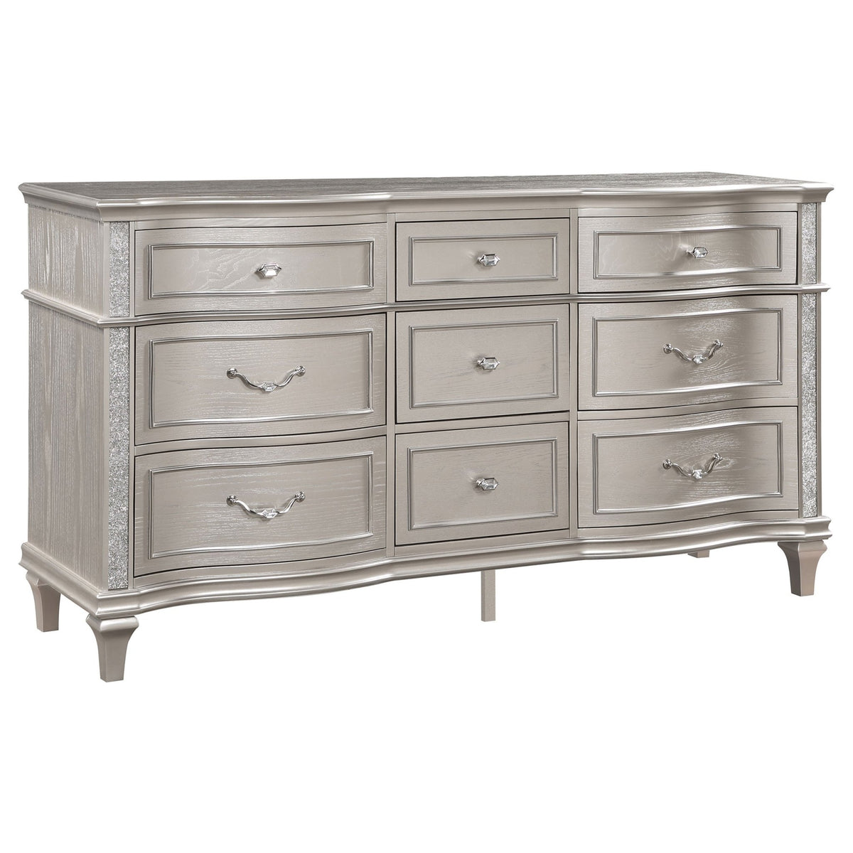 Coaster Fine Furniture Evangeline Bedroom Set – Glam Silver Oak Finish, Double Arch Tufted Headboard, USB Nightstand & Felt-Lined Drawers - Prioka