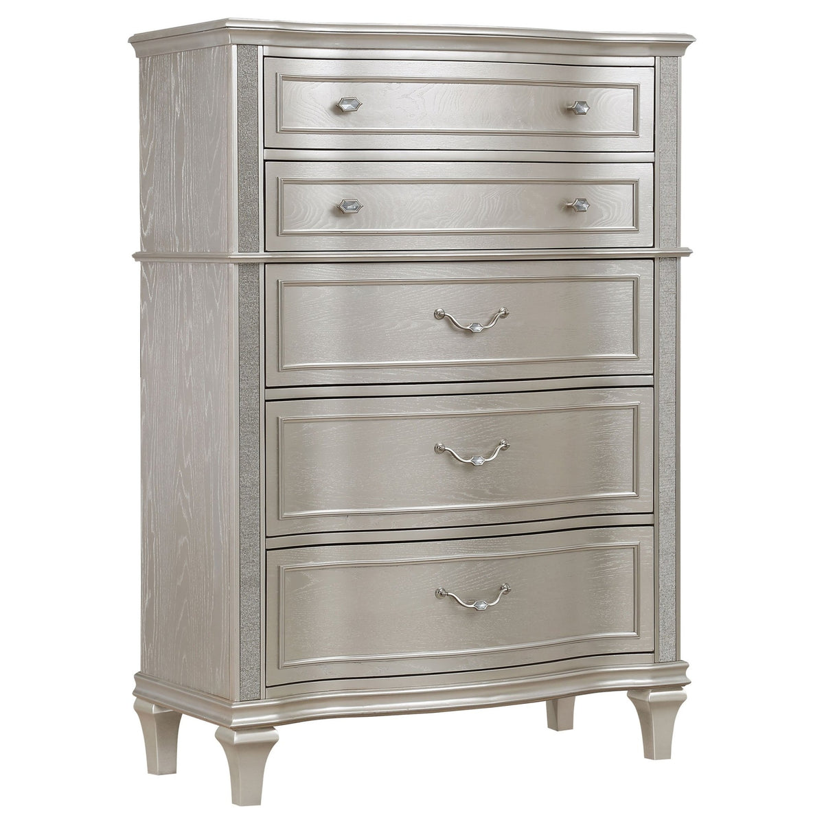 Coaster Fine Furniture Evangeline Bedroom Set – Glam Silver Oak Finish, Double Arch Tufted Headboard, USB Nightstand & Felt-Lined Drawers - Prioka
