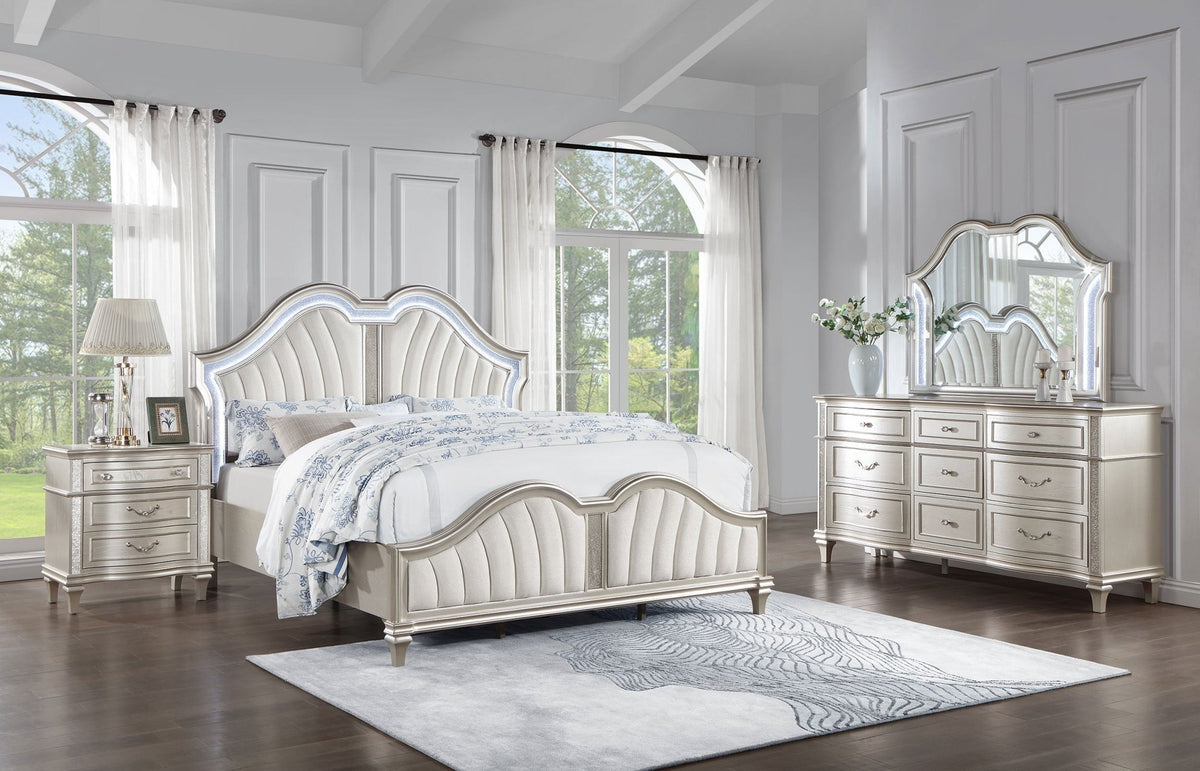 Coaster Fine Furniture Evangeline Bedroom Set – Glam Silver Oak Finish, Double Arch Tufted Headboard, USB Nightstand & Felt-Lined Drawers - Prioka