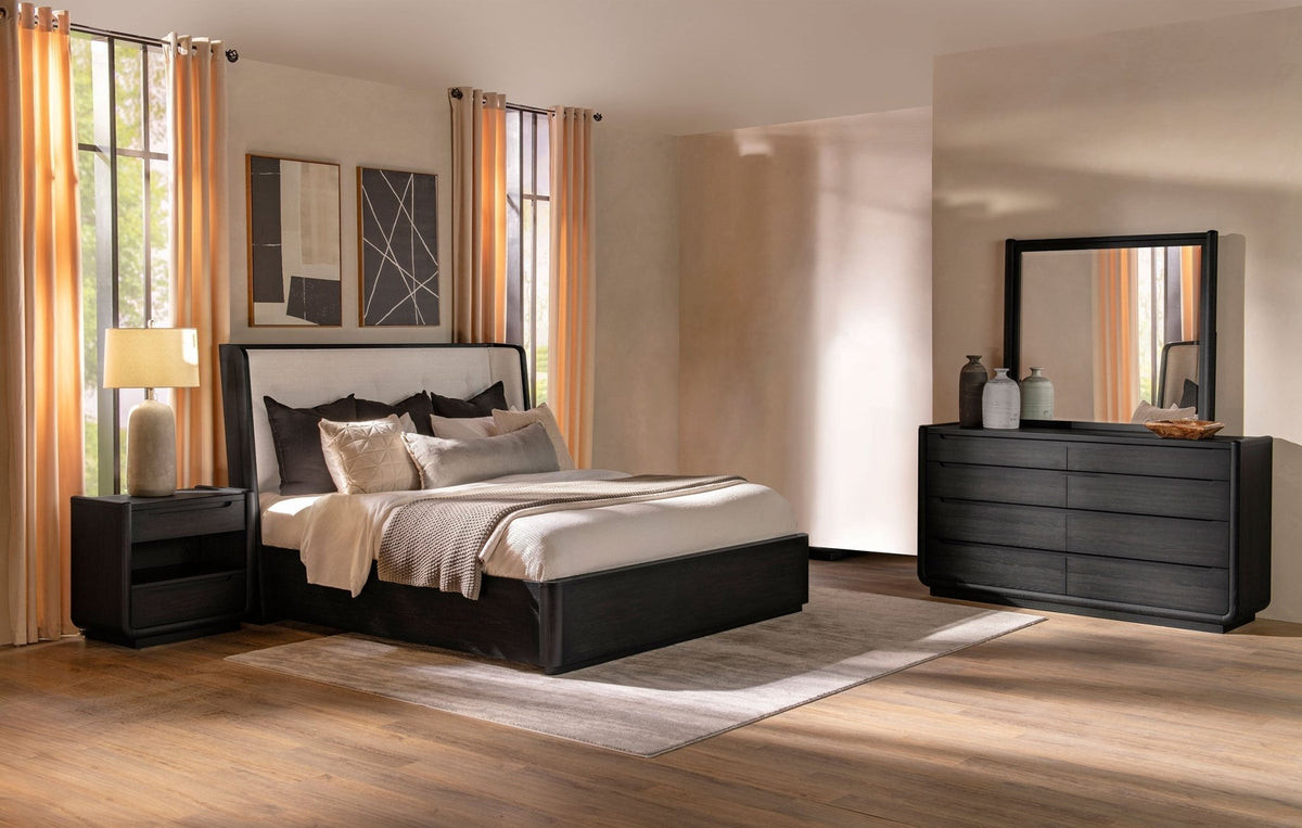 Coaster Fine Furniture Leandro Burnished Black Bedroom Set with Cream Upholstered Wingback Bed - Prioka