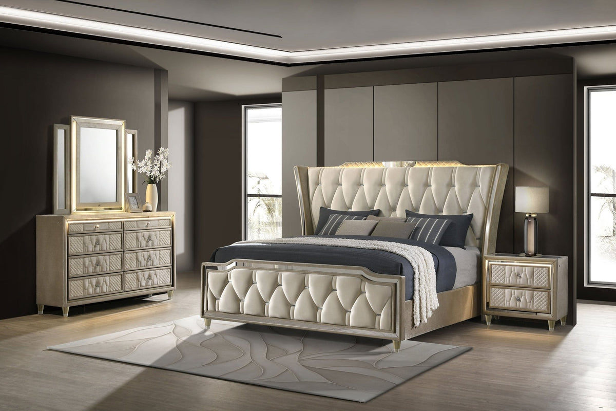Coaster Fine Furniture Lorient Velvet Bedroom Set with LED Lighting and USB Charging - Prioka