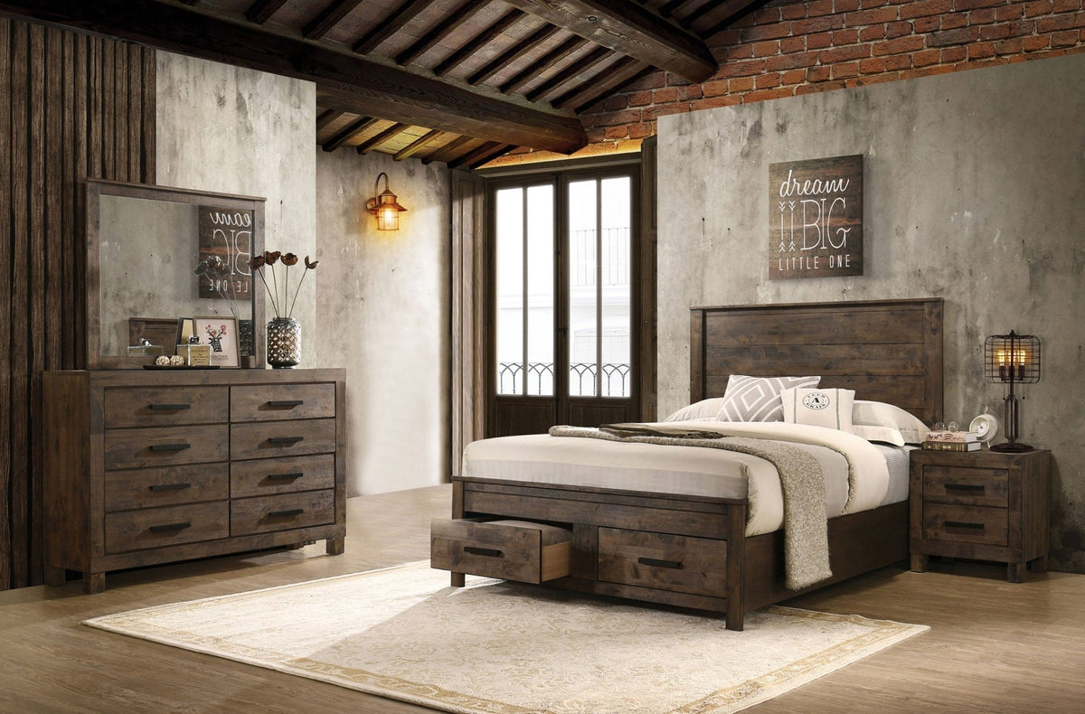 Coaster Fine Furniture Woodmont Bedroom Set – Rustic Golden Brown Wire-Brushed Hardwood with Storage Drawers & Bar Handles - Prioka