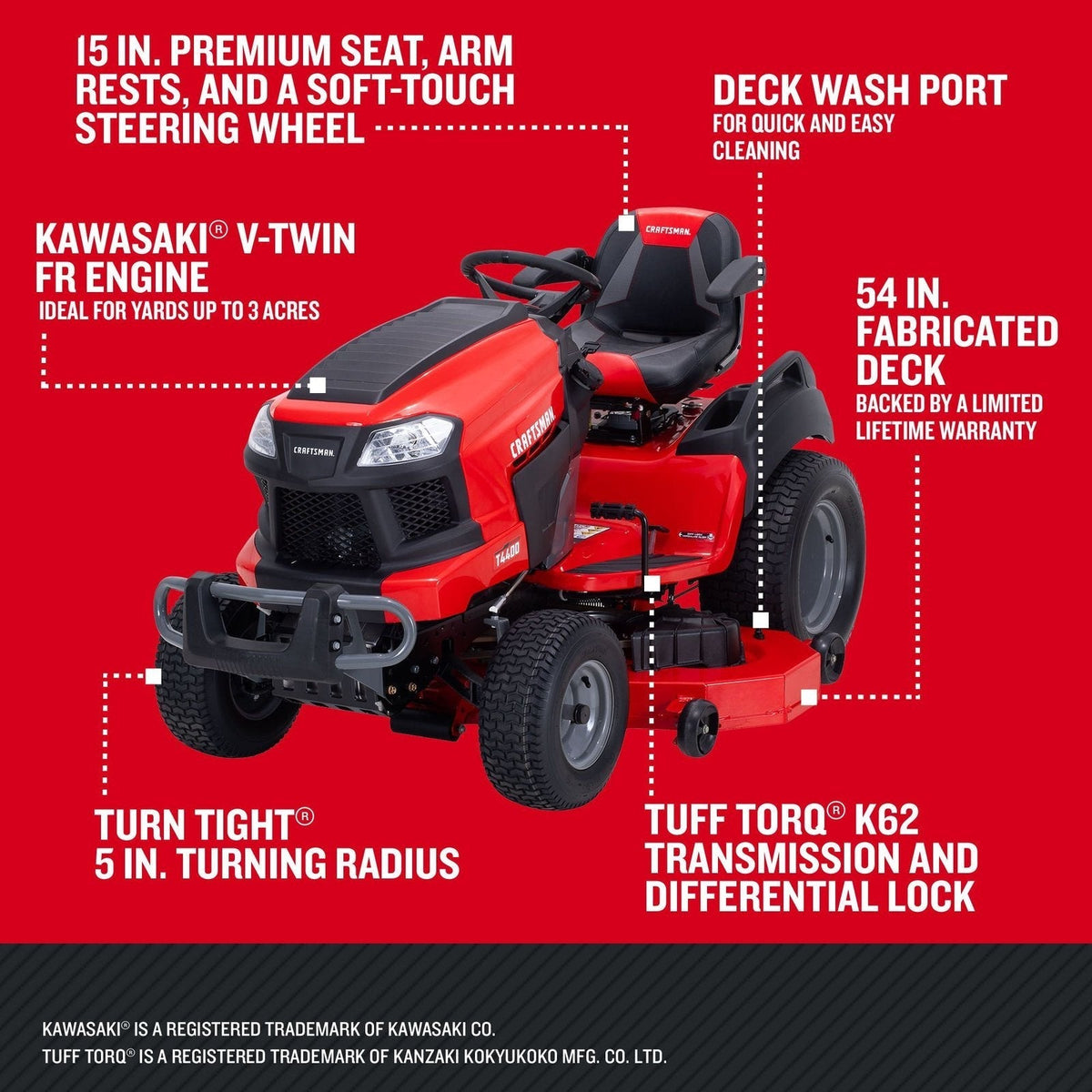 CRAFTSMAN T4400 | Riding Lawn Mower | 54-in Fabricated Deck | 24-HP Kawasaki V-Twin FR Engine | TURNTIGHT 5 in. Turning Radius - Prioka