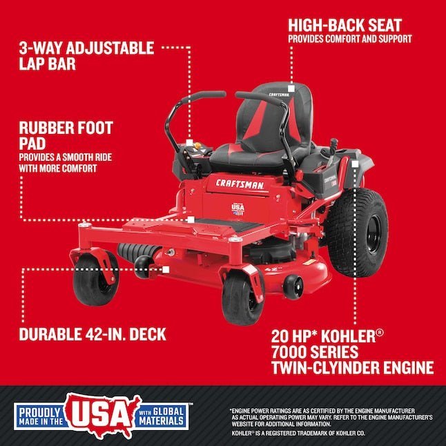 CRAFTSMAN Z5200 | 42 in Gas Zero-Turn Riding Lawn Mower | 20HP Kohler 7000 Twin-Cylinder Engine | High Back Seat (17RRFACS093) - Prioka