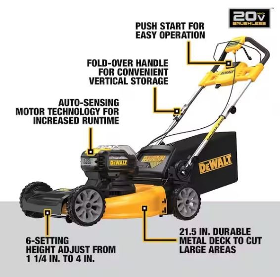 Dewalt 20V MAX 21.5 in Walk Behind Lawn Mower Kit, Hedge Trimmer Kit, String Trimmer &amp; Leaf Blower - Prioka