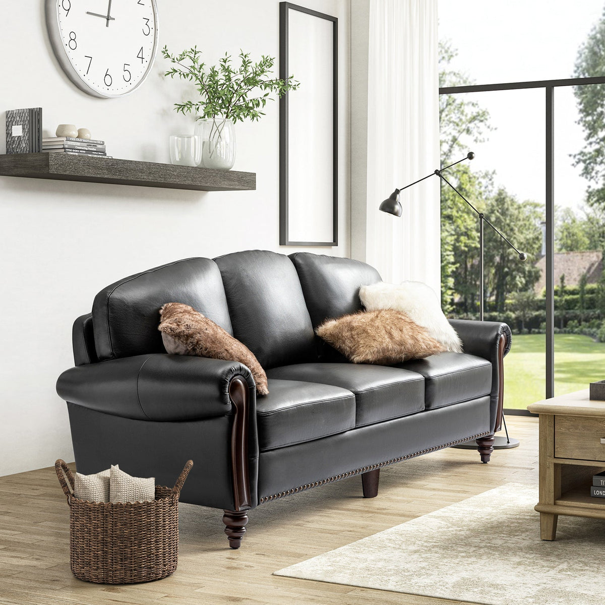 Dietmar Genuine Leather Sofa – Black Curved Leather Nailhead Sofa - Prioka