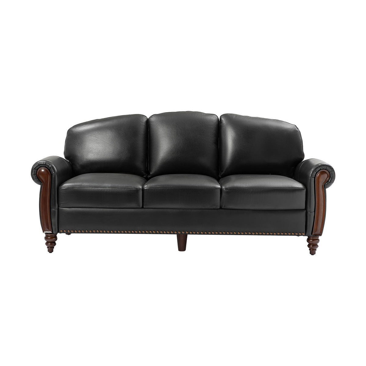 Dietmar Genuine Leather Sofa – Black Curved Leather Nailhead Sofa - Prioka