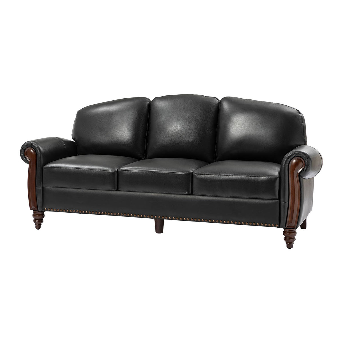 Dietmar Genuine Leather Sofa – Black Curved Leather Nailhead Sofa - Prioka