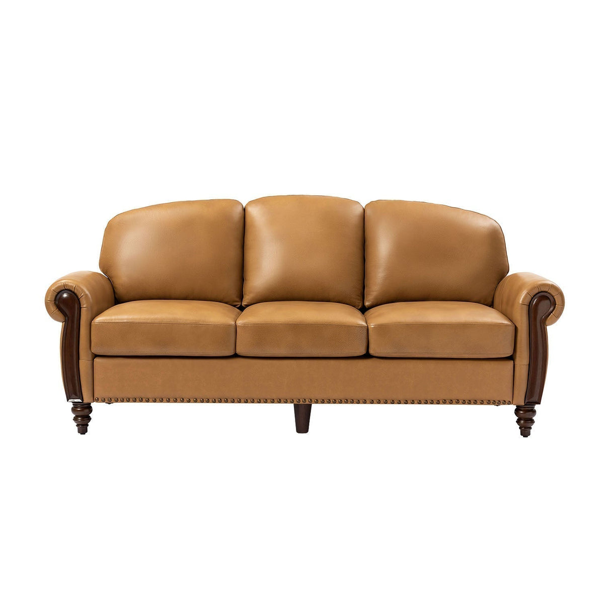 Dietmar Genuine Leather Sofa – Camel Curved Leather Nailhead Sofa - Prioka