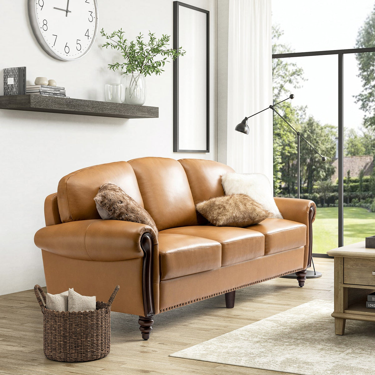 Dietmar Genuine Leather Sofa – Camel Curved Leather Nailhead Sofa - Prioka