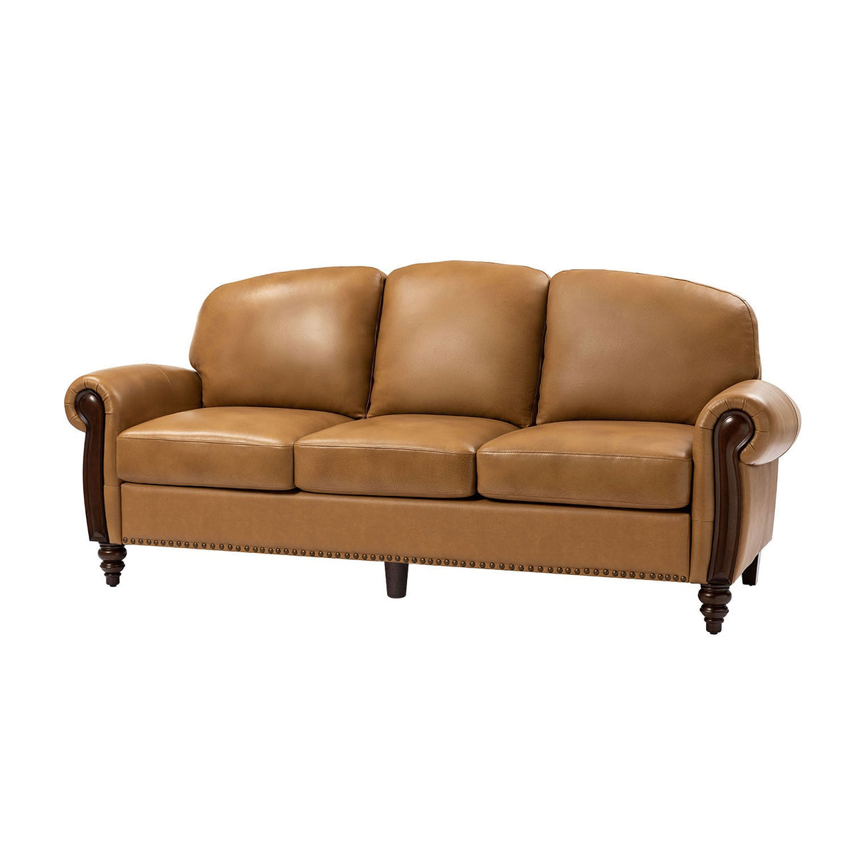 Dietmar Genuine Leather Sofa – Camel Curved Leather Nailhead Sofa - Prioka