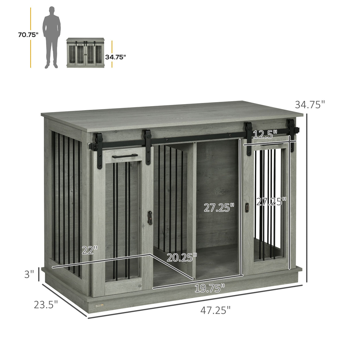 Dog Crate, Dog Cage End Table with Divider Panel, Dog Crate Furniture for Large Dog and 2 Small Dogs, Gray - Prioka