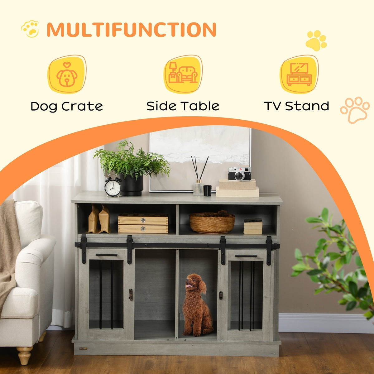 Dog Crate Furniture for Large Dogs, Double Dog Kennel for Small Dogs with Shelves, Sliding Doors, 47" x 23.5" x 35", Gray - Prioka