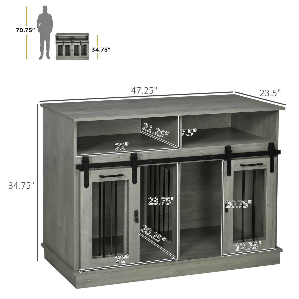 Dog Crate Furniture for Large Dogs, Double Dog Kennel for Small Dogs with Shelves, Sliding Doors, 47" x 23.5" x 35", Gray - Prioka