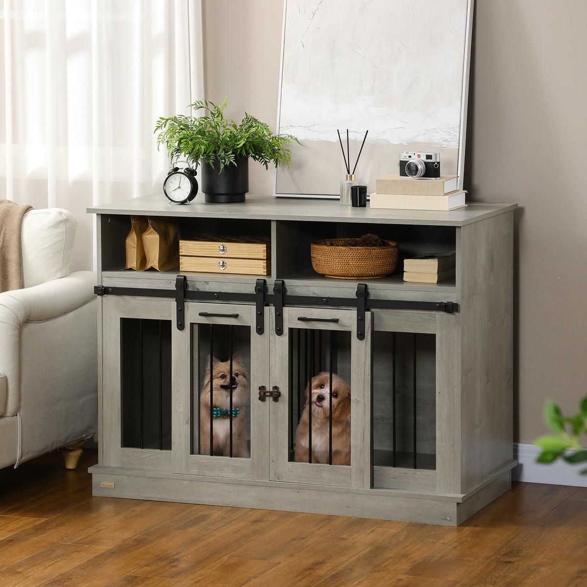 Dog Crate Furniture for Large Dogs, Double Dog Kennel for Small Dogs with Shelves, Sliding Doors, 47" x 23.5" x 35", Gray - Prioka