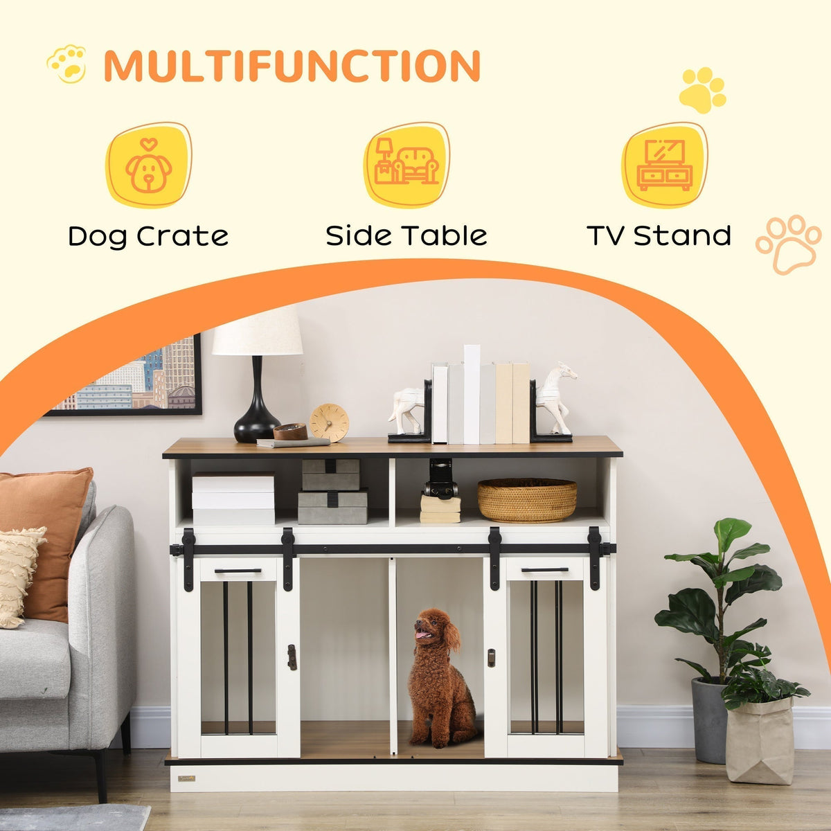 Dog Crate Furniture for Large Dogs, Double Dog Kennel for Small Dogs with Shelves, Sliding Doors, 47" x 23.5" x 35", White - Prioka