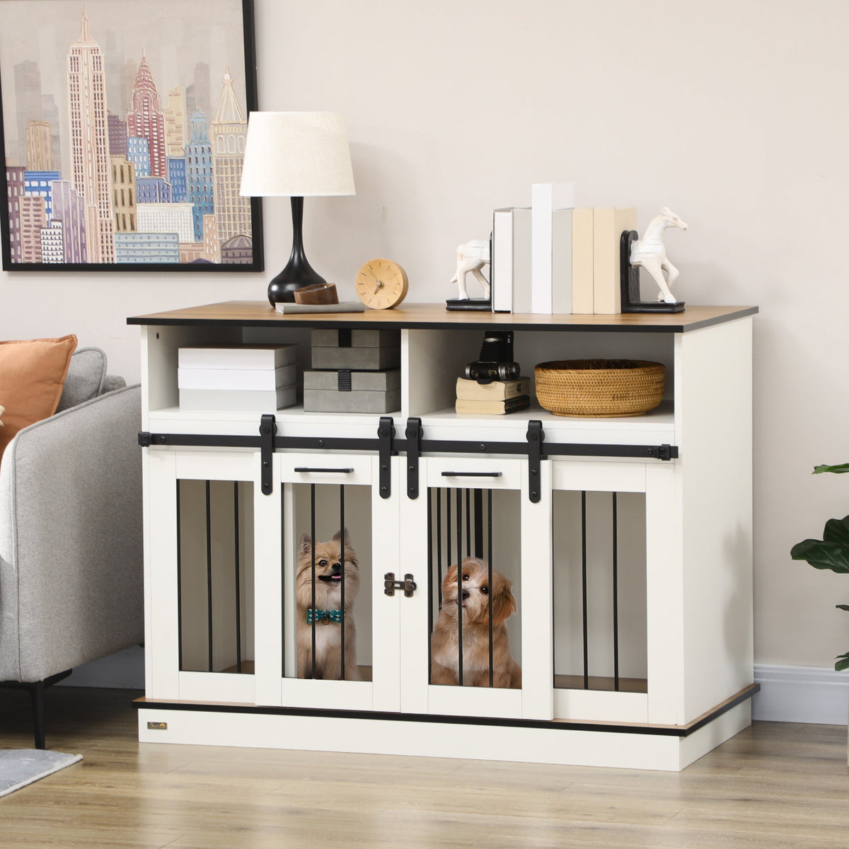 Dog Crate Furniture for Large Dogs, Double Dog Kennel for Small Dogs with Shelves, Sliding Doors, 47" x 23.5" x 35", White - Prioka