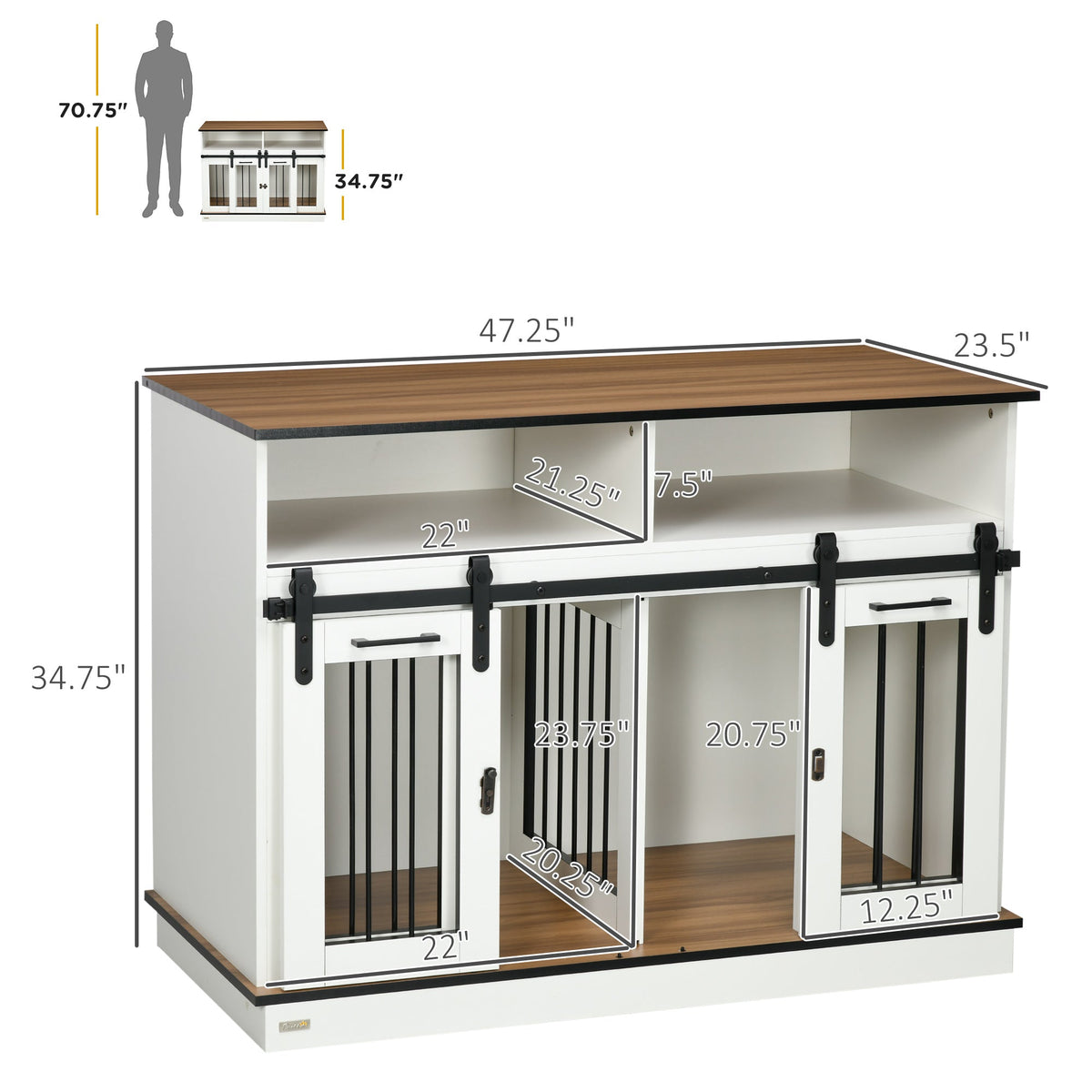 Dog Crate Furniture for Large Dogs, Double Dog Kennel for Small Dogs with Shelves, Sliding Doors, 47" x 23.5" x 35", White - Prioka