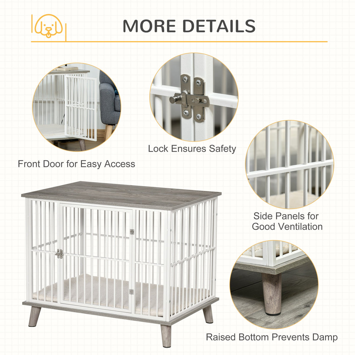 Dog Crate, Furniture Style Pet Cage Kennel, Decorative Dog House, with Soft Cushion, Wooden Top, for Small & Medium Dogs, Indoor Use, Grey - Prioka