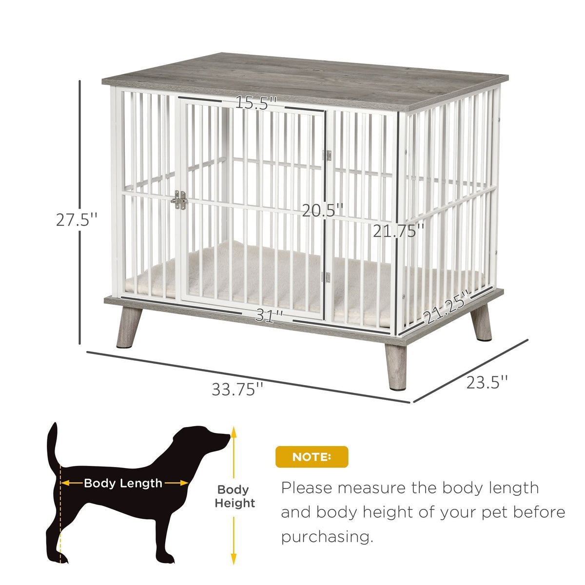 Dog Crate, Furniture Style Pet Cage Kennel, Decorative Dog House, with Soft Cushion, Wooden Top, for Small & Medium Dogs, Indoor Use, Grey - Prioka