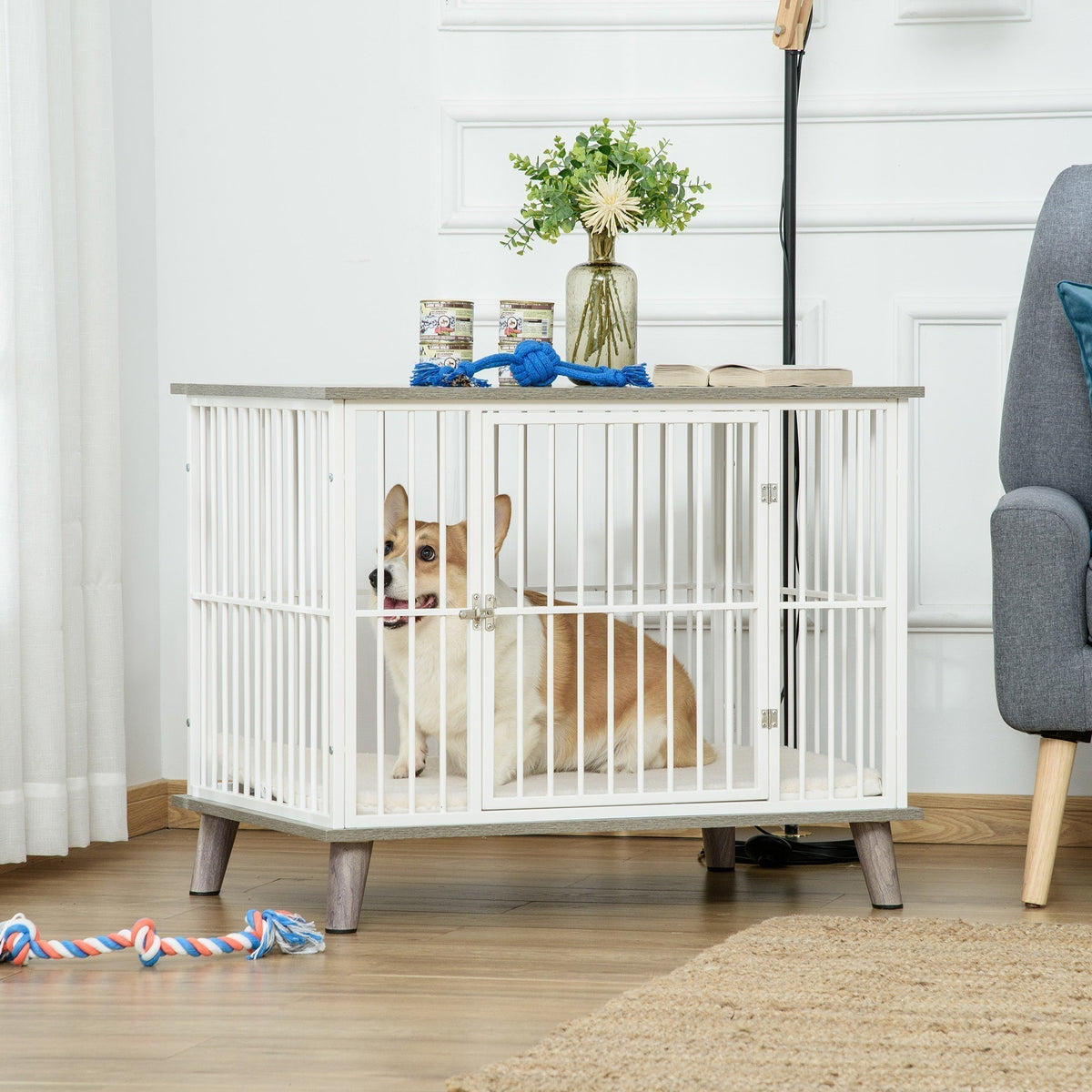 Dog Crate, Furniture Style Pet Cage Kennel, Decorative Dog House, with Soft Cushion, Wooden Top, for Small & Medium Dogs, Indoor Use, Grey - Prioka