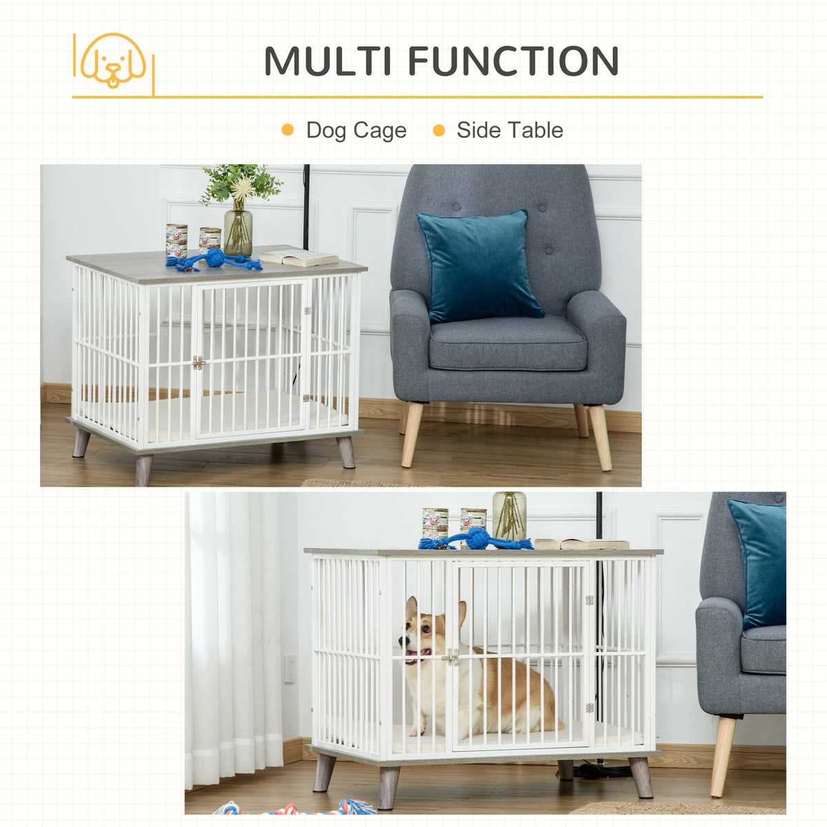 Dog Crate, Furniture Style Pet Cage Kennel, Decorative Dog House, with Soft Cushion, Wooden Top, for Small & Medium Dogs, Indoor Use, Grey - Prioka
