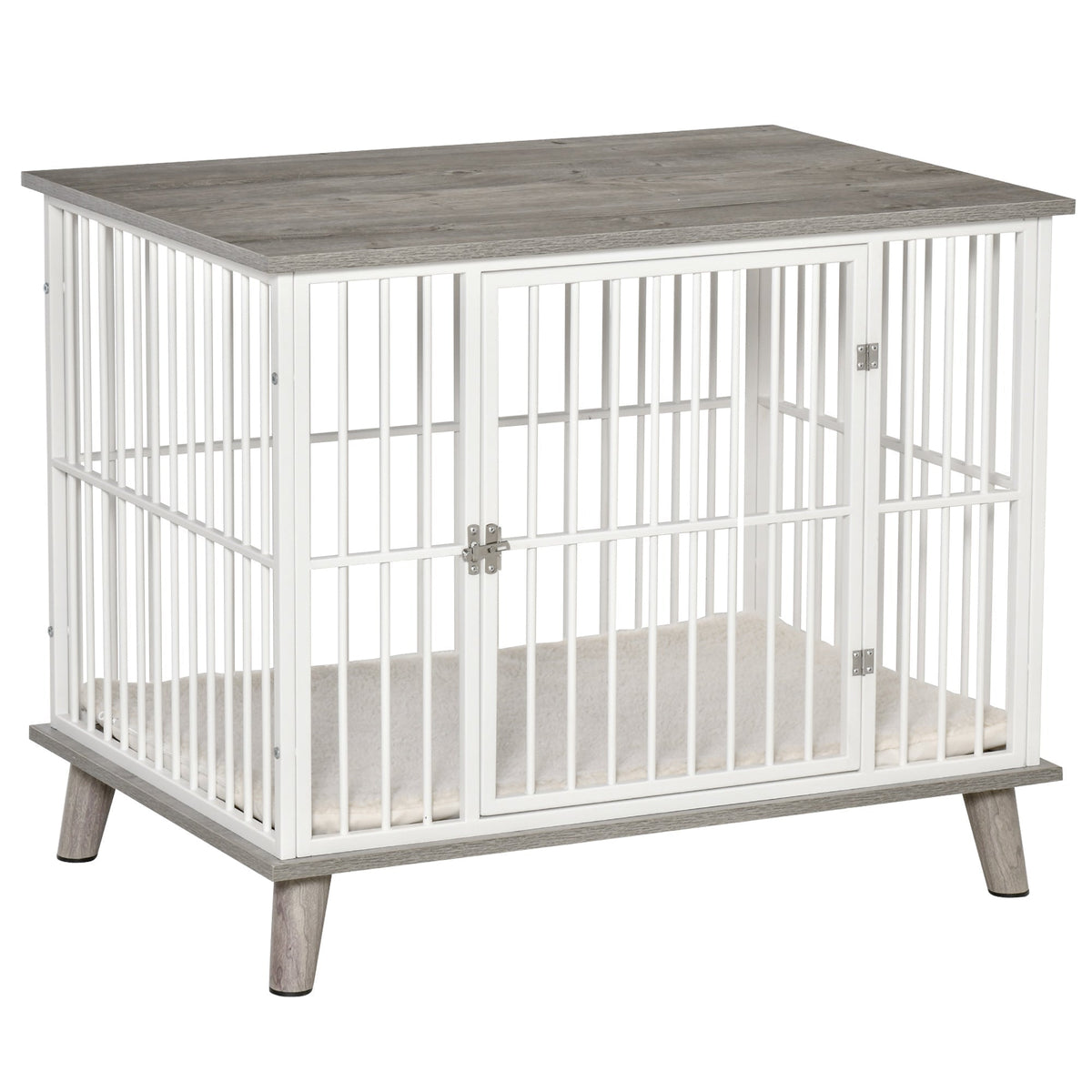 Dog Crate, Furniture Style Pet Cage Kennel, Decorative Dog House, with Soft Cushion, Wooden Top, for Small & Medium Dogs, Indoor Use, Grey - Prioka