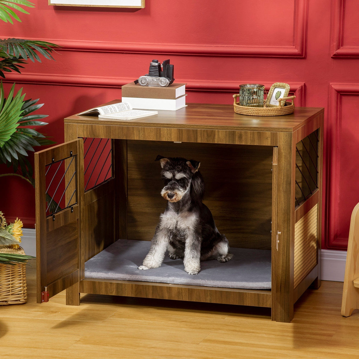 Dog Crate Furniture with Cushion, Dog Kennel End Table with Double Doors, Latch, Indoor Use, for Small and Medium-Sized Dogs, Walnut - Prioka