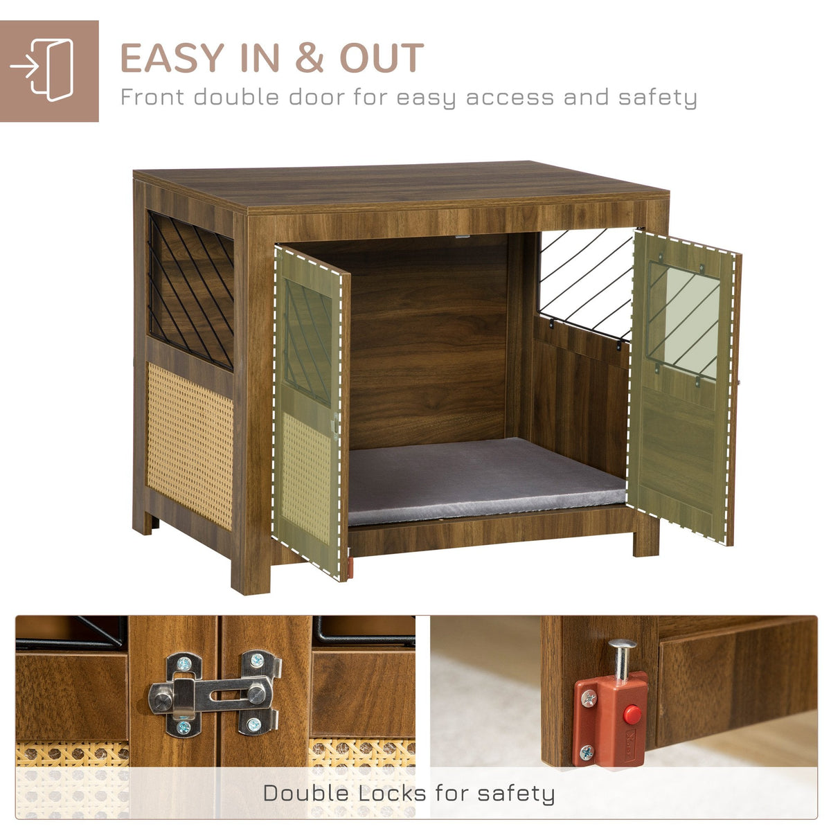 Dog Crate Furniture with Cushion, Dog Kennel End Table with Double Doors, Latch, Indoor Use, for Small and Medium-Sized Dogs, Walnut - Prioka