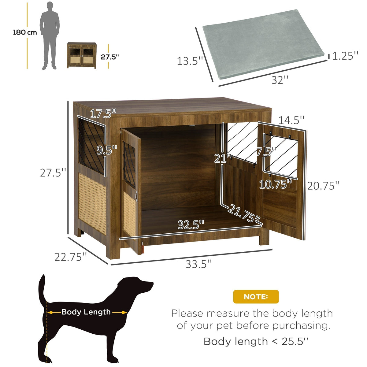 Dog Crate Furniture with Cushion, Dog Kennel End Table with Double Doors, Latch, Indoor Use, for Small and Medium-Sized Dogs, Walnut - Prioka