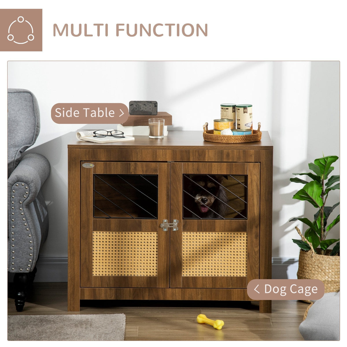 Dog Crate Furniture with Cushion, Dog Kennel End Table with Double Doors, Latch, Indoor Use, for Small and Medium-Sized Dogs, Walnut - Prioka