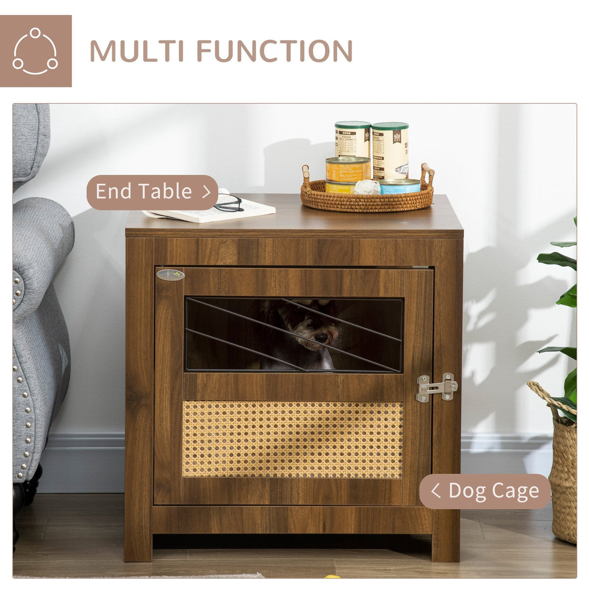 Dog Crate Furniture with Cushion, Wooden Dog Kennel End Table with Lockable Door, for Miniature Dogs, Indoor, Walnut - Prioka