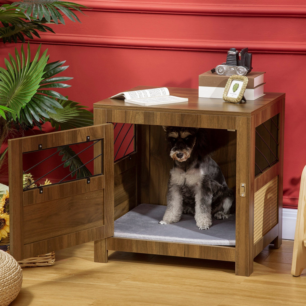 Dog Crate Furniture with Cushion, Wooden Dog Kennel End Table with Lockable Door, for Miniature Dogs, Indoor, Walnut - Prioka