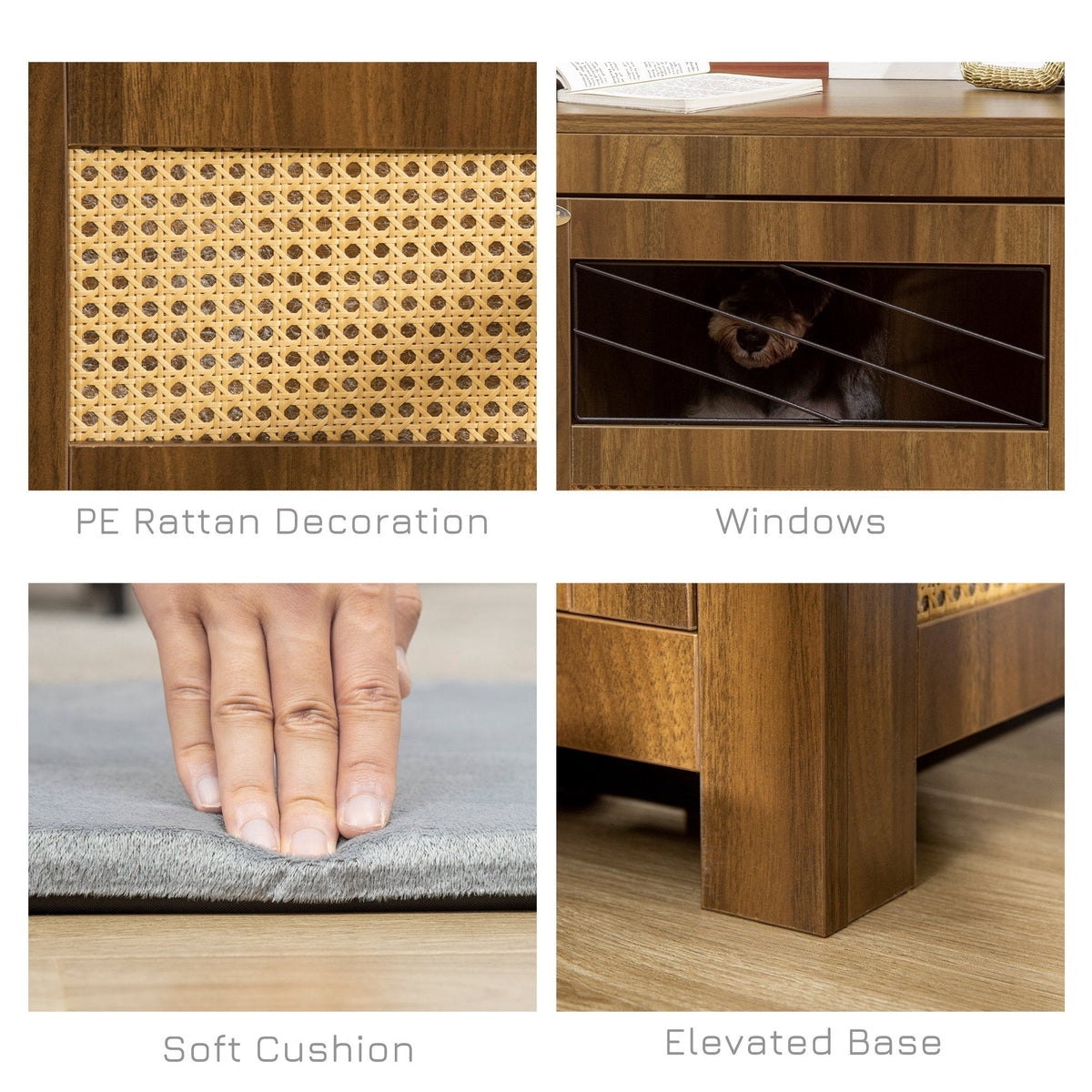 Dog Crate Furniture with Cushion, Wooden Dog Kennel End Table with Lockable Door, for Miniature Dogs, Indoor, Walnut - Prioka