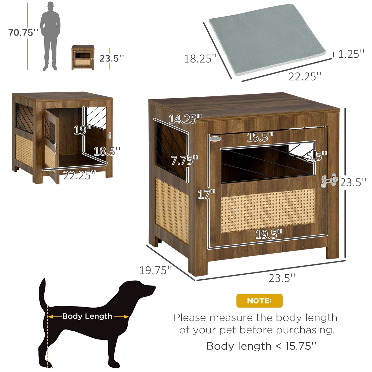 Dog Crate Furniture with Cushion, Wooden Dog Kennel End Table with Lockable Door, for Miniature Dogs, Indoor, Walnut - Prioka
