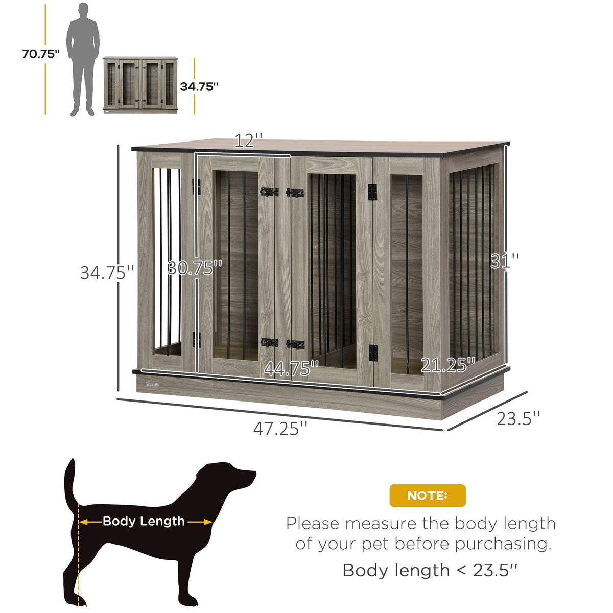 Dog Crate Furniture with Divider Panel, Dog Kennel End Table for Large Dogs, Decorative Pet House with Two Rooms Design, for 2 Small Dogs - Prioka