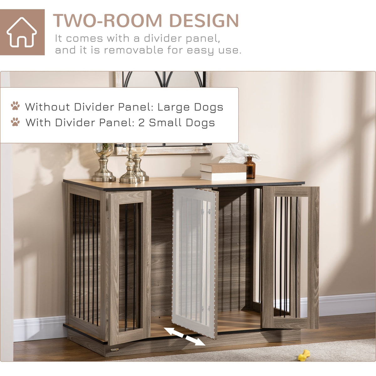 Dog Crate Furniture with Divider Panel, Dog Kennel End Table for Large Dogs, Decorative Pet House with Two Rooms Design, for 2 Small Dogs - Prioka