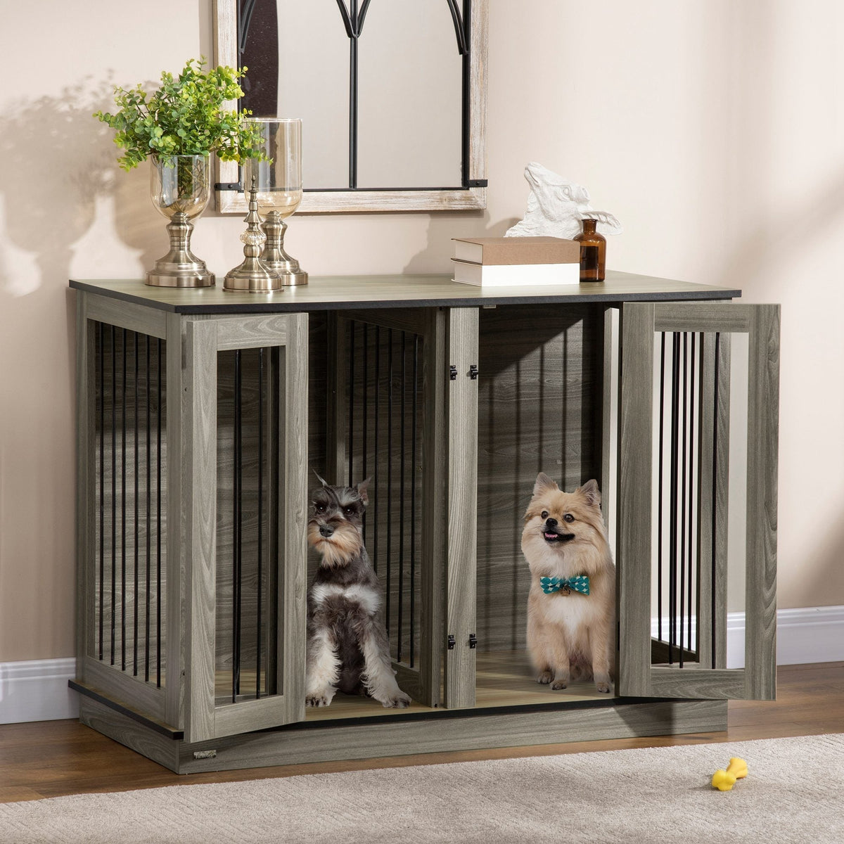 Dog Crate Furniture with Divider Panel, Dog Kennel End Table for Large Dogs, Decorative Pet House with Two Rooms Design, for 2 Small Dogs - Prioka