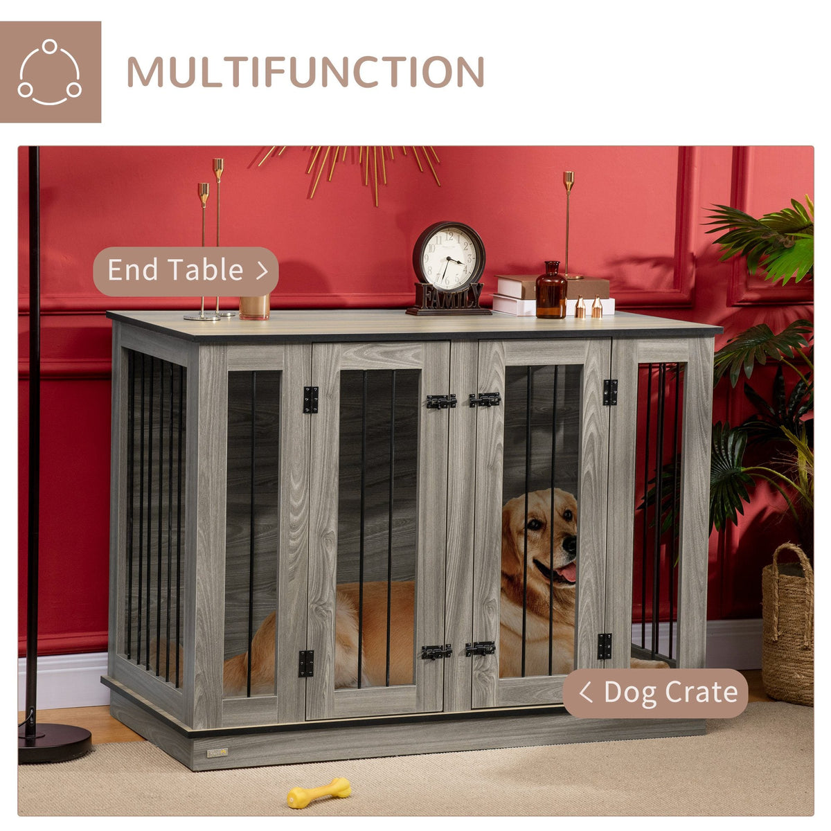 Dog Crate Furniture with Divider Panel, Dog Kennel End Table for Large Dogs, Decorative Pet House with Two Rooms Design, for 2 Small Dogs - Prioka
