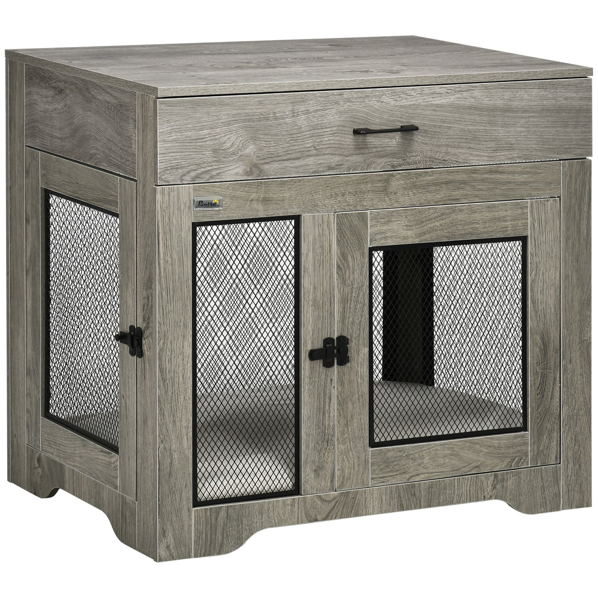 Dog Crate Furniture with Soft Water-Resistant Cushion, Dog Crate End Table with Drawer, Puppy Crate for Small Dogs Indoor with 2 Doors, Grey - Prioka