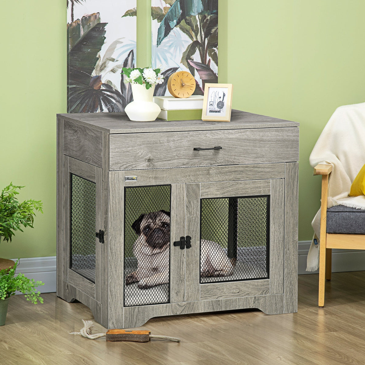 Dog Crate Furniture with Soft Water-Resistant Cushion, Dog Crate End Table with Drawer, Puppy Crate for Small Dogs Indoor with 2 Doors, Grey - Prioka