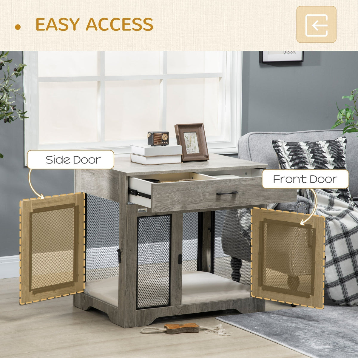 Dog Crate Furniture with Soft Water-Resistant Cushion, Dog Crate End Table with Drawer, Puppy Crate for Small Dogs Indoor with 2 Doors, Grey - Prioka