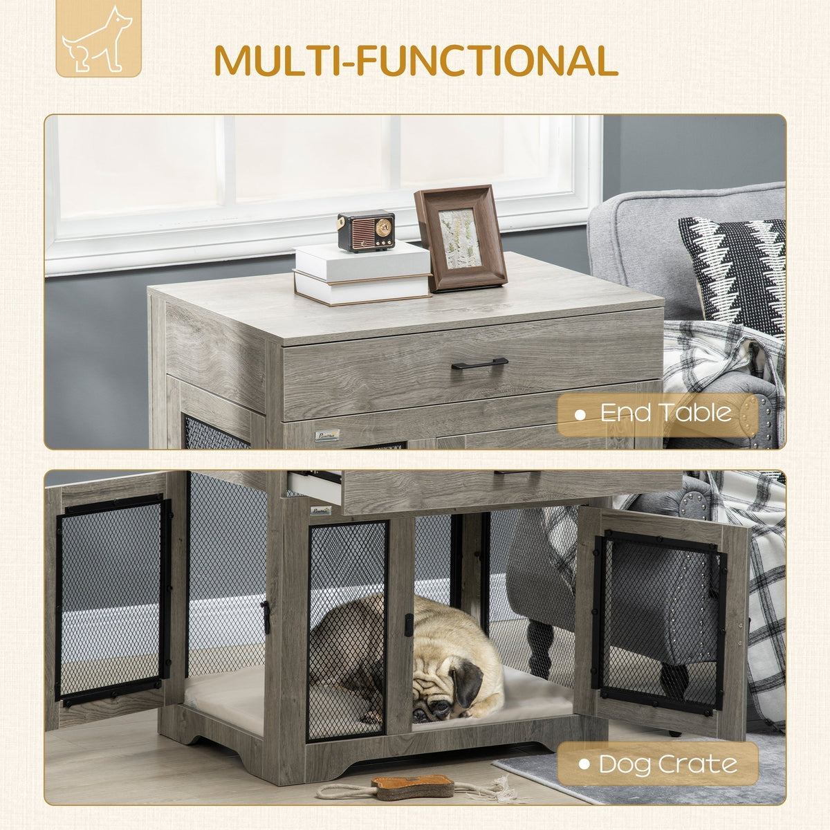 Dog Crate Furniture with Soft Water-Resistant Cushion, Dog Crate End Table with Drawer, Puppy Crate for Small Dogs Indoor with 2 Doors, Grey - Prioka