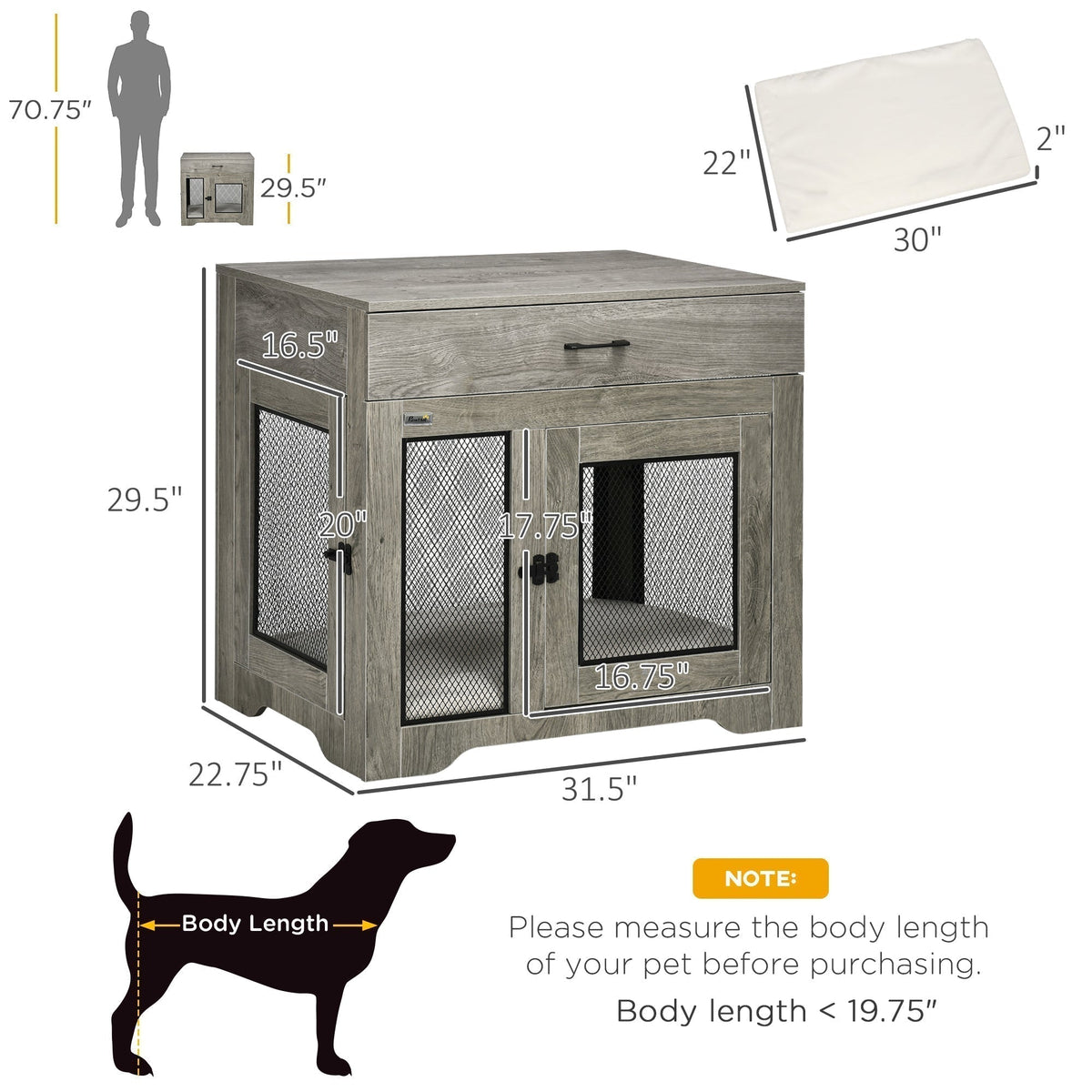 Dog Crate Furniture with Soft Water-Resistant Cushion, Dog Crate End Table with Drawer, Puppy Crate for Small Dogs Indoor with 2 Doors, Grey - Prioka