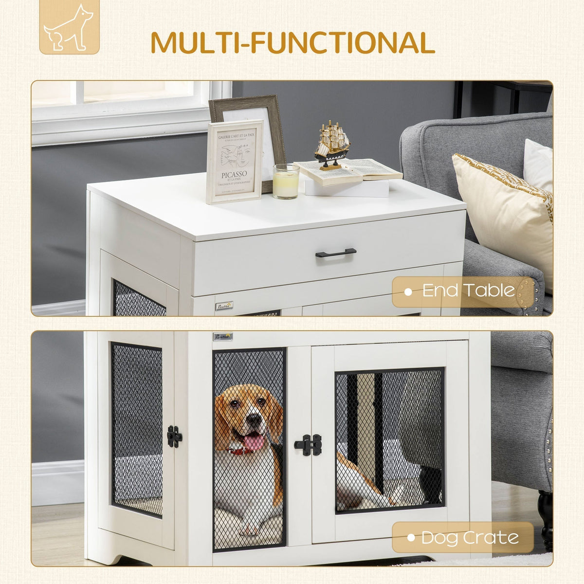 Dog Crate Furniture with Soft Water-Resistant Cushion, Dog Crate End Table with Drawer, Puppy Crate for Small Dogs Indoor with 2 Doors, White - Prioka