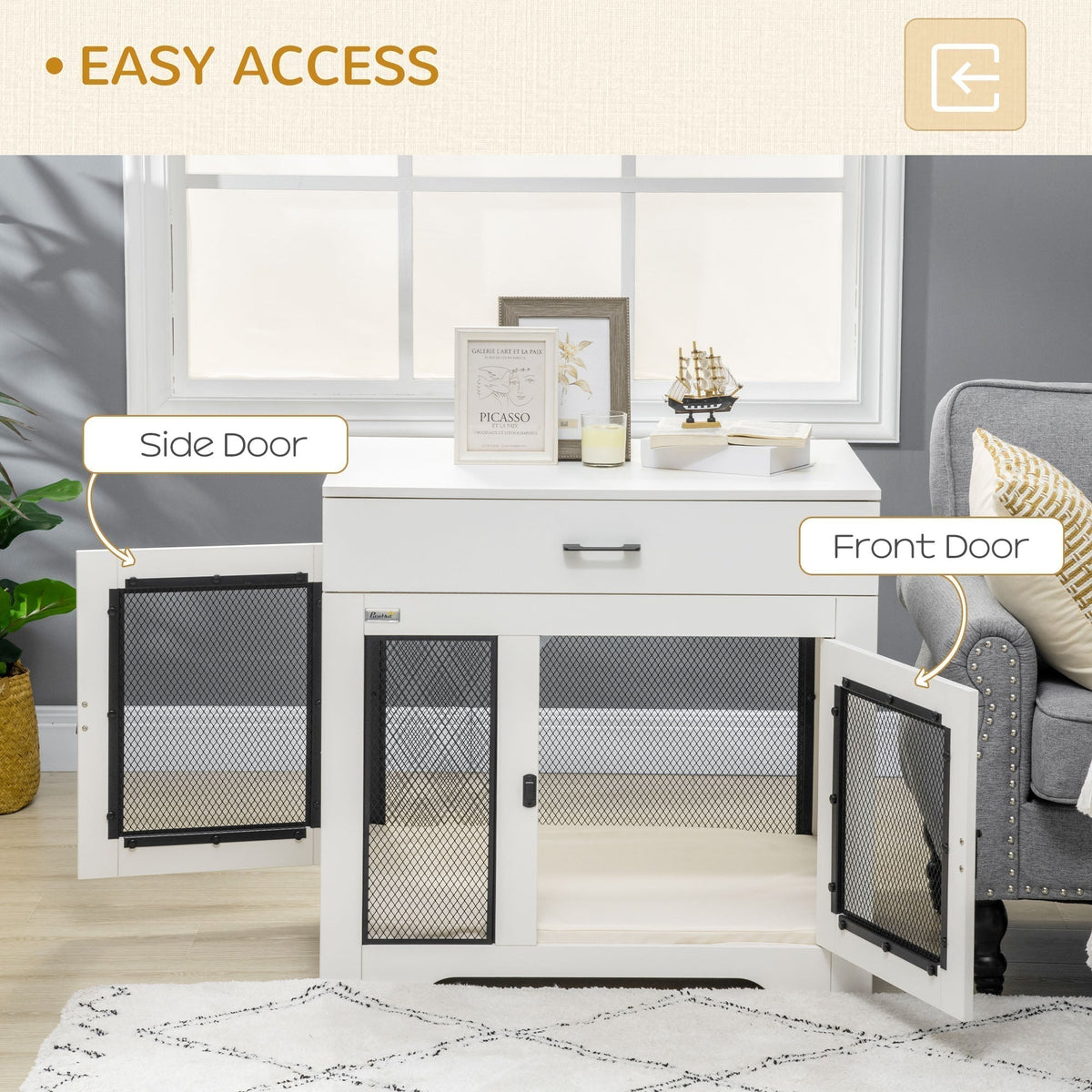 Dog Crate Furniture with Soft Water-Resistant Cushion, Dog Crate End Table with Drawer, Puppy Crate for Small Dogs Indoor with 2 Doors, White - Prioka