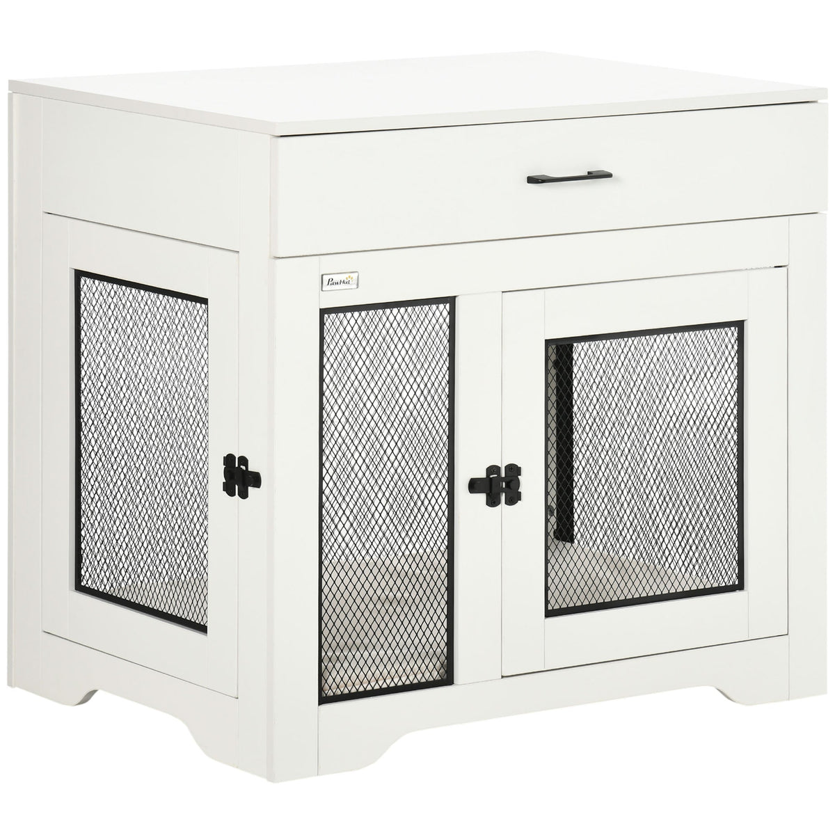 Dog Crate Furniture with Soft Water-Resistant Cushion, Dog Crate End Table with Drawer, Puppy Crate for Small Dogs Indoor with 2 Doors, White - Prioka