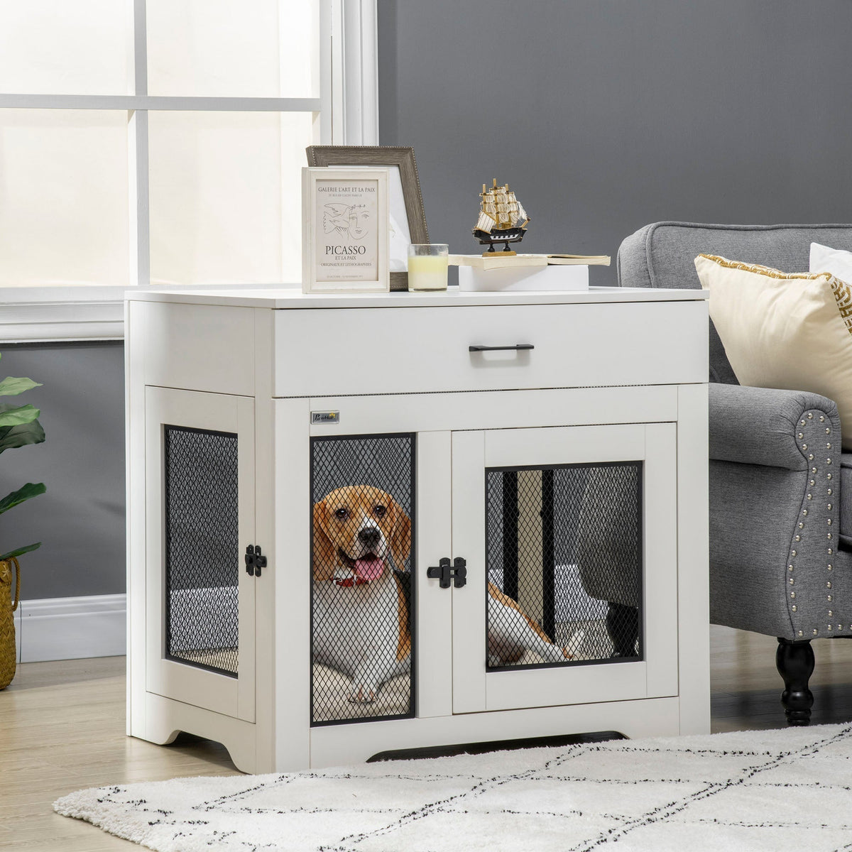 Dog Crate Furniture with Soft Water-Resistant Cushion, Dog Crate End Table with Drawer, Puppy Crate for Small Dogs Indoor with 2 Doors, White - Prioka